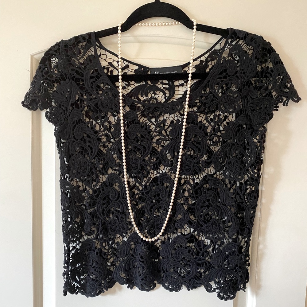 INC Black Lace Cropped Top Cap Sleeve - Size Small
